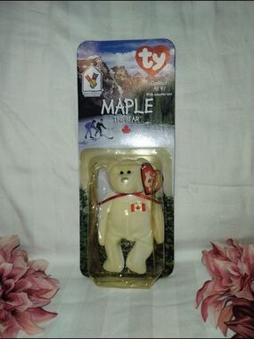 Ty Beanie Baby Maple The Bear Plush in Cream with Red Accents